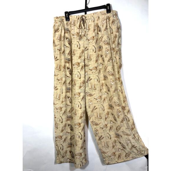 Vintage Silk Lounge Pants Tan Retro Hat Theme Theo Miles Women's 16 Pockets - Picture 12 of 12
